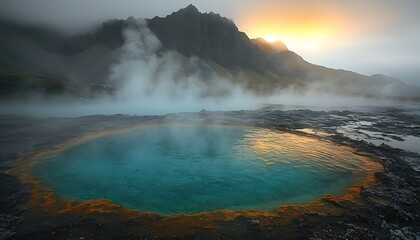 Fototapeta premium A scenic geothermal pool and mountain landscape under a sunrise