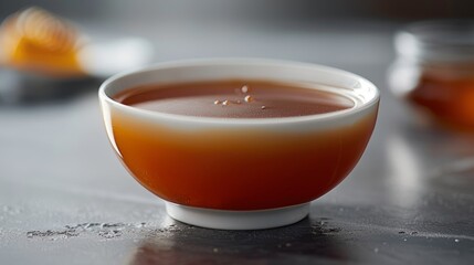 A captivating close-up of a bowl containing a flavorful amber-hued liquid, reflecting light and culinary artistry on a textured surface.