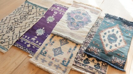 Assorted small patterned rugs on a light wooden floor