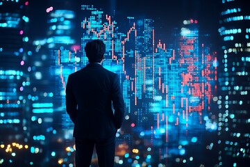 A businessman looking at an abstract digital financial chart display