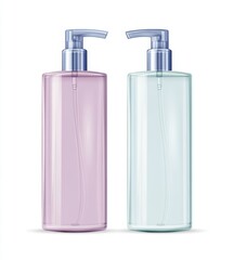 Empty cosmetic bottles, light purple and light blue, isolated on white background