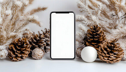 Blank phone screen mockup amidst winter decor