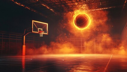 Basketball Arena of Fire: A dynamic, action-packed scene, a basketball ablaze in a fiery ring, set against the backdrop of an indoor court, full of the energy and excitement of the game.