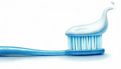 Blue toothbrush and toothpaste, watercolor illustration