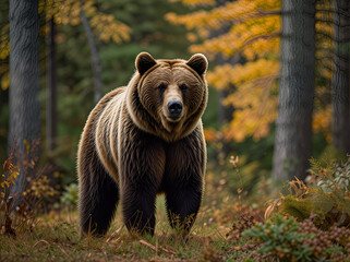 Fototapeta premium Two brown bears standing among trees in a forest, surrounded by greenery and natural woodland scenery