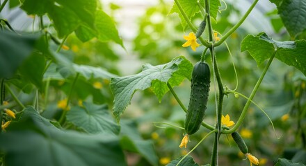 Growing green cucumbers in a greenhouse lush plants eco farm food leaf vine crop shot fresh rural
