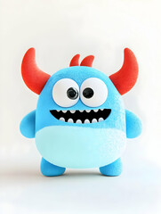 Naklejka premium Cheerful blue monster plush toy with red horns and big eyes
