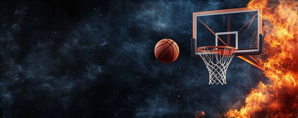 Basketball Blaze: A dramatic visual of a basketball suspended mid-air, heading towards the hoop, set against a fiery and smoky backdrop, exuding energy, competition, and the thrill of the game.