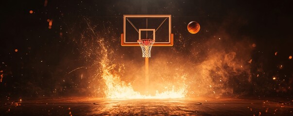 Fire Basketball: A flaming basketball hurtles towards a hoop engulfed in flames, creating a dynamic and intense scene with an emphasis on the thrill of competition.