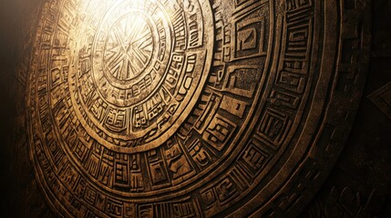 Obraz premium Ancient Circular Stone Relief with Intricate Patterns and Symbols