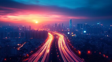 Fototapeta premium Glowing city skyline at twilight with light trails creating a dynamic urban atmosphere. Generative AI