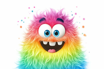 Fototapeta premium Cheerful rainbow fur monster with big eyes and toothy grin against white background