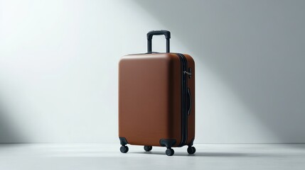 Travel gear showcase stylish brown suitcase minimalist studio product photography modern environment side view travel essentials