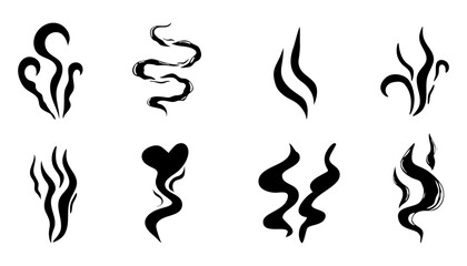 Steam smoke hand drawn line comic doodle. Aroma trail, cloud or wind silhouette. Smells hot air fragrance evaporate set. 