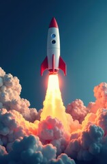 Fototapeta premium Rocket launching leaving a trail of fire and smoke through clouds