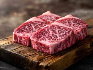 Fototapeta premium A5 Wagyu beef , placed on a wooden cutting board.
