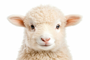 Fototapeta premium Close-up of an adorable, fluffy lamb facing the camera against a white background