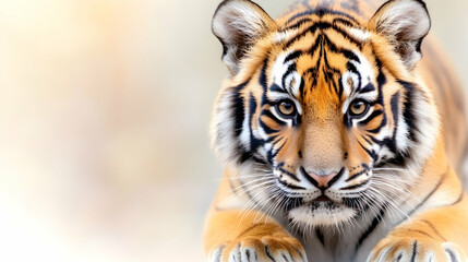 Naklejka premium Close-up of a young tiger, intently looking at the camera against a soft, blurred background