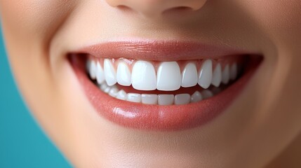 Fototapeta premium Radiant Smile with Healthy Teeth Against a Bright Blue Background