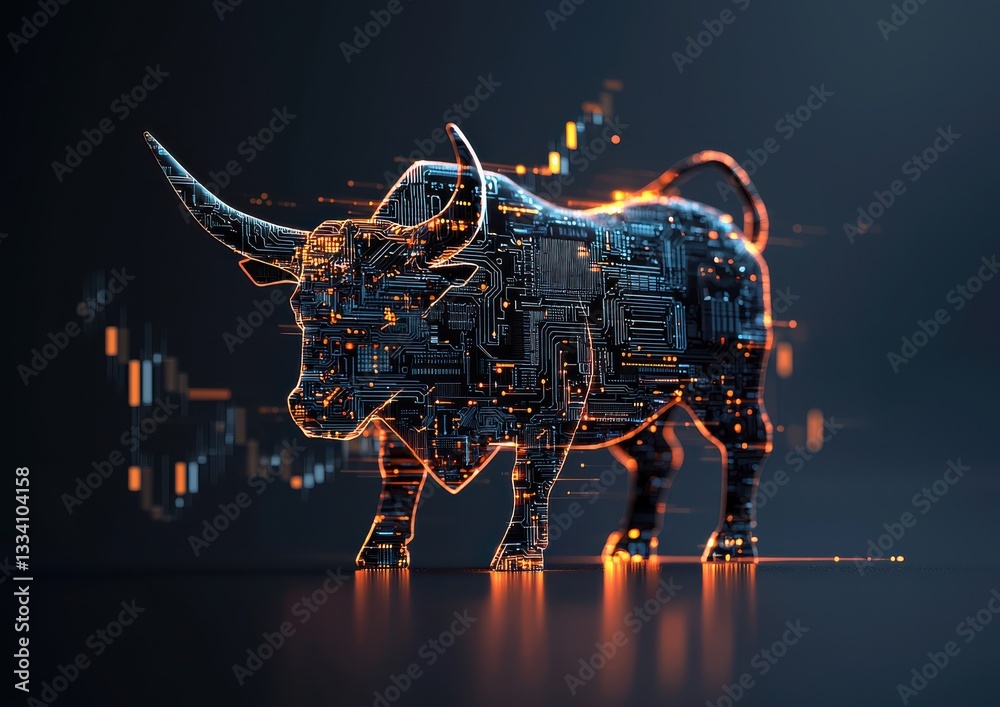 Poster a digitally rendered bull composed of circuit patterns, symbolizing strength and resilience in techn