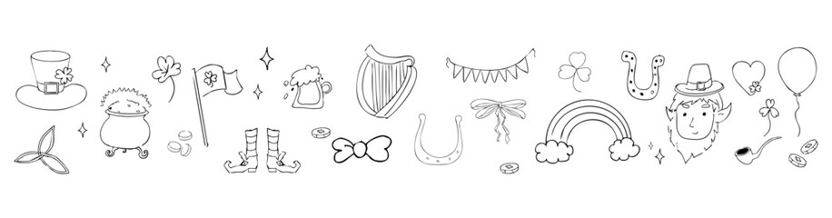 Saint Patrick Day elements decoration doodle border line traditional decorations. Rainbow, harp, coins and lucky clover. 