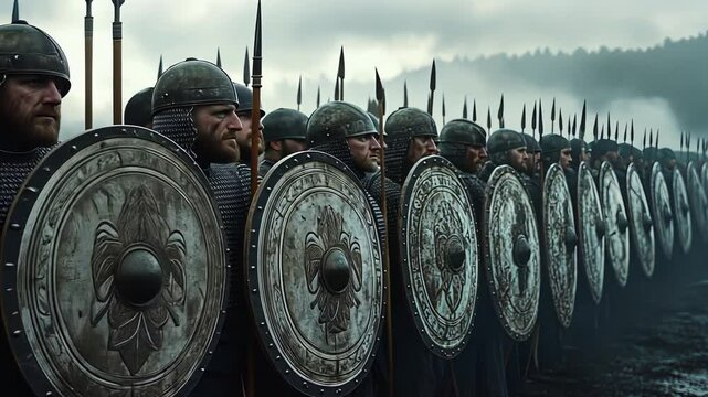 Medieval Warriors in Formation Witness an Epic Battle Scene Unfolding