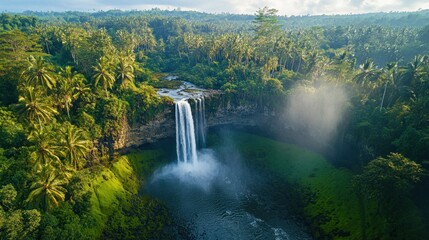 An aerial photograph captures a cascading waterfall in lush green forest