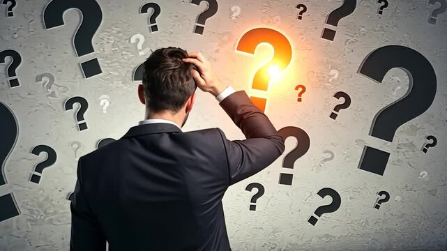 Confused Businessman Surrounded by Question Marks