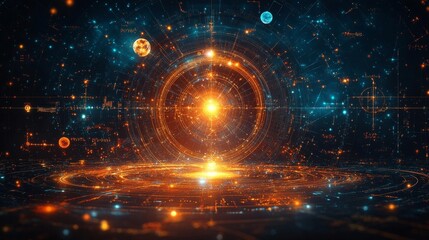 Astrological Chart with Planets and Glowing Central Star. Generative AI