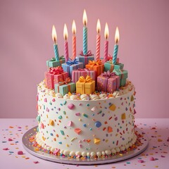 4k high quality happy birthday cake 3D design with colorful present gifts objects and candles pink background