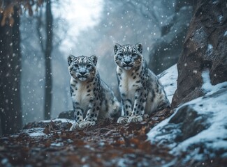 Fototapeta premium Two majestic snow leopards sitting on rocky terrain amidst falling snowflakes in a tranquil winter forest setting