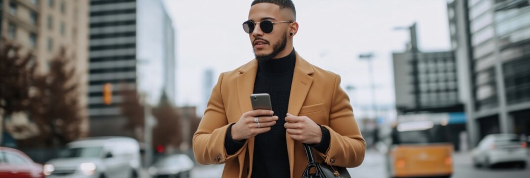 A man in a tan coat is walking down a city street while holding a cell phone. He is wearing sunglasses and he is focused on his phone. The scene is set in a busy urban environment with cars - Powered by Adobe