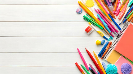 Colorful school supplies arranged on white wood