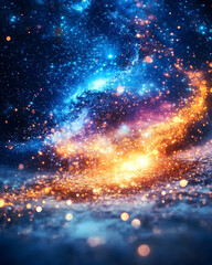 Fototapeta premium Cosmic nebula with vibrant blue, orange, and yellow hues, swirling energy, and glittering particles