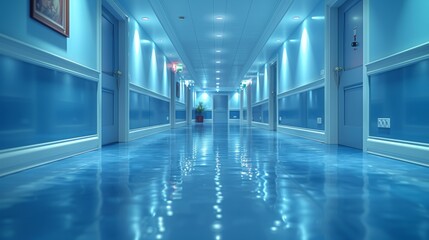 A long and seemingly endless corridor stretches into the distance, illuminated by a cool blue light, with doors lining the walls and a reflective floor creating an ethereal atmosphere