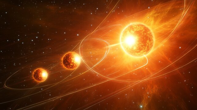 Artistic depiction of alpha centauri s three suns in elliptical orbits intersecting in space