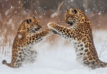 Naklejka premium Two Playful Leopards Engaged in a Snowy Duel Amidst Gentle Snowfall in a Winter Wonderland Landscape