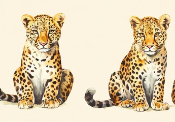 Fototapeta premium Two Playful Leopards Sitting Together in a Bright Artistic Illustration on a Soft Cream Background Showcasing Their Distinctive Spots and Expressions