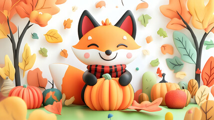 Fototapeta premium Cute cartoon fox holding pumpkin amidst autumn leaves and pumpkins