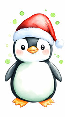 Fototapeta premium Cute cartoon penguin wearing a Santa hat