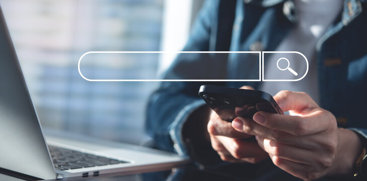 SEO, Search Engine Optimization. Woman mobile phone and laptop computer to search the information, internet browsing. Web page banner, data search technology, digital marketing