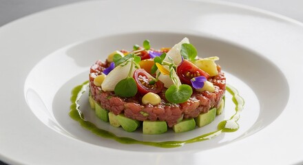 Vegetable Tartare with avocado, heirloom tomatoes and edible flowers for vegan restaurants, healthy food blogs, gourmet cooking sites, and upscale catering promotions