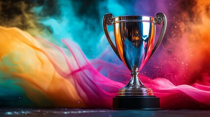 A radiant silver trophy cup proudly displayed against a backdrop of vivid swirling colors, embodying victory and triumphant accomplishment with celebratory flair
