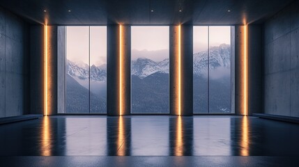 Fototapeta premium Modern concrete hall with glowing windows, embodying simplicity and clean minimalism in architectural design. 