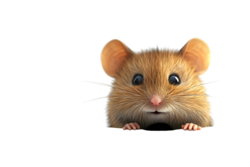 Adorable cartoon mouse peeking out of its hole on a white background. Perfect for children's illustrations, animations, and educational materials, on white or transparent background