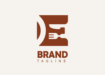 E cullinary, The letter E formed from the negative space of the fork, knife and plate