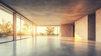 Modern concrete hall with glowing windows, embodying simplicity and clean minimalism in architectural design.
