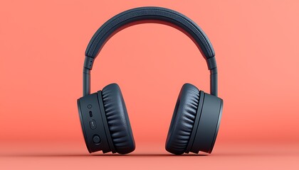 Fototapeta premium A pair of dark blue headphones sitting on a peach background