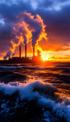 Fototapeta premium Dramatic sunset over industrial plant with ocean waves and smoke stacks