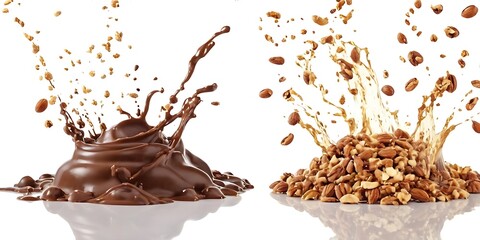 Fototapeta premium falling or floating oat granola set with milk splash set and chocolate on isolated white background,no people, photography, color image, food, choice, falling, 245